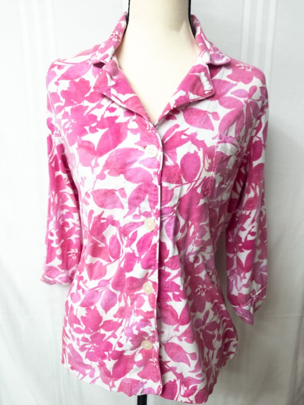 Lauren Ralph Lauren Sleep Shirt‎ Pink Leaf Print Button Down LRL Pocket Classic
